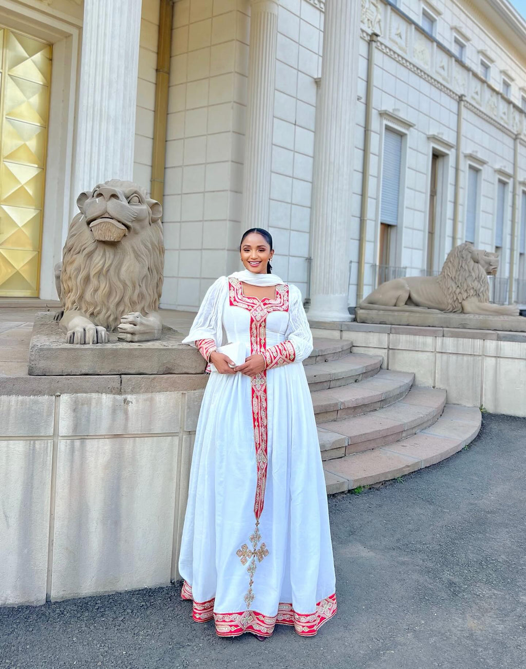 WUBRIST WHITE & RED EMBROIDERED ETHIOPIAN CLOTHING | LONG SLEEVE HABESHA DRESS | TIMELESS HABESHA KEMIS