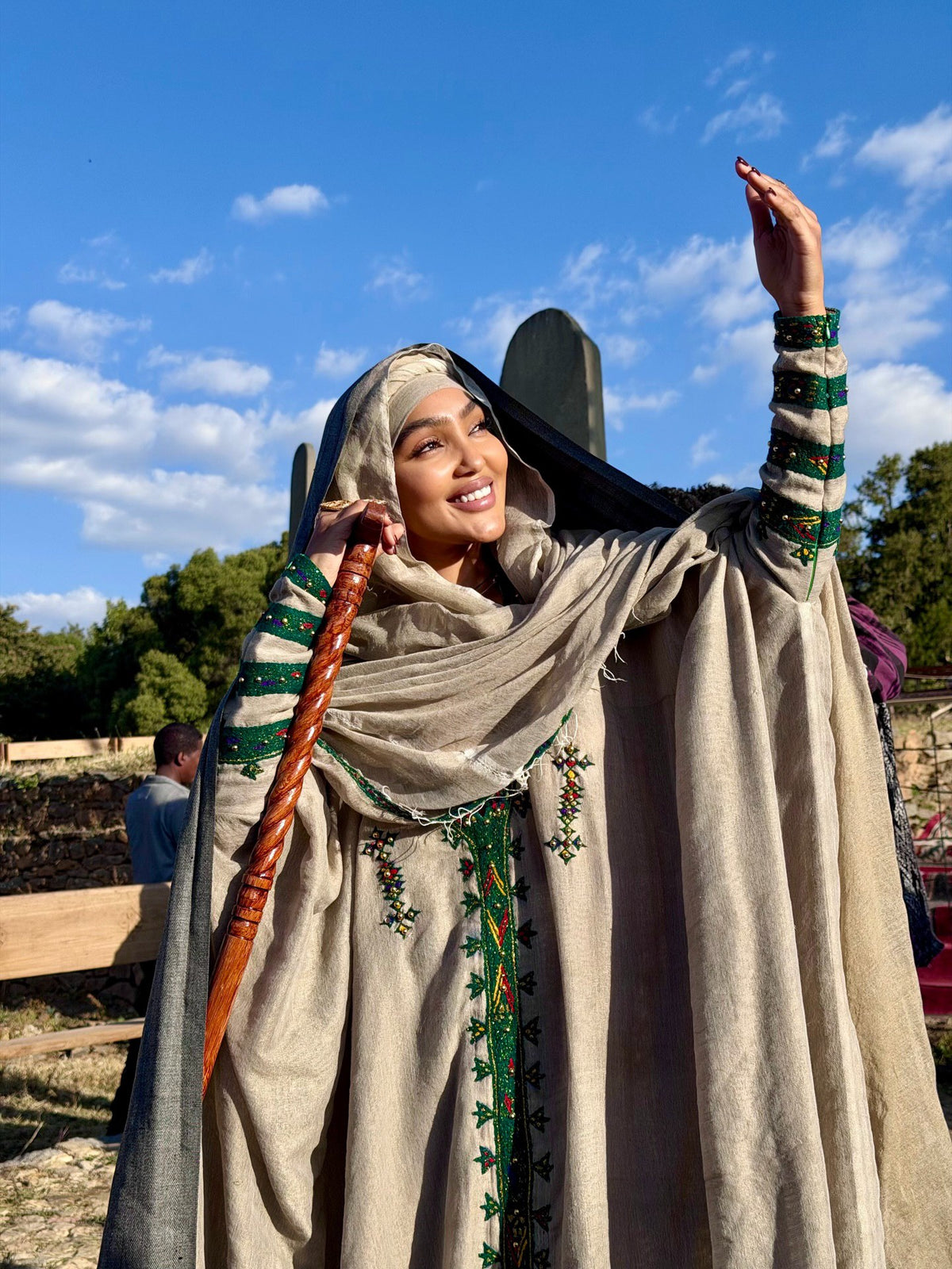 ELU TRADITIONAL HABESHA KEMIS | ANCIENT-INSPIRED ETHIOPIAN DRESS | GREEN AND GREY HABESHA KEMIS