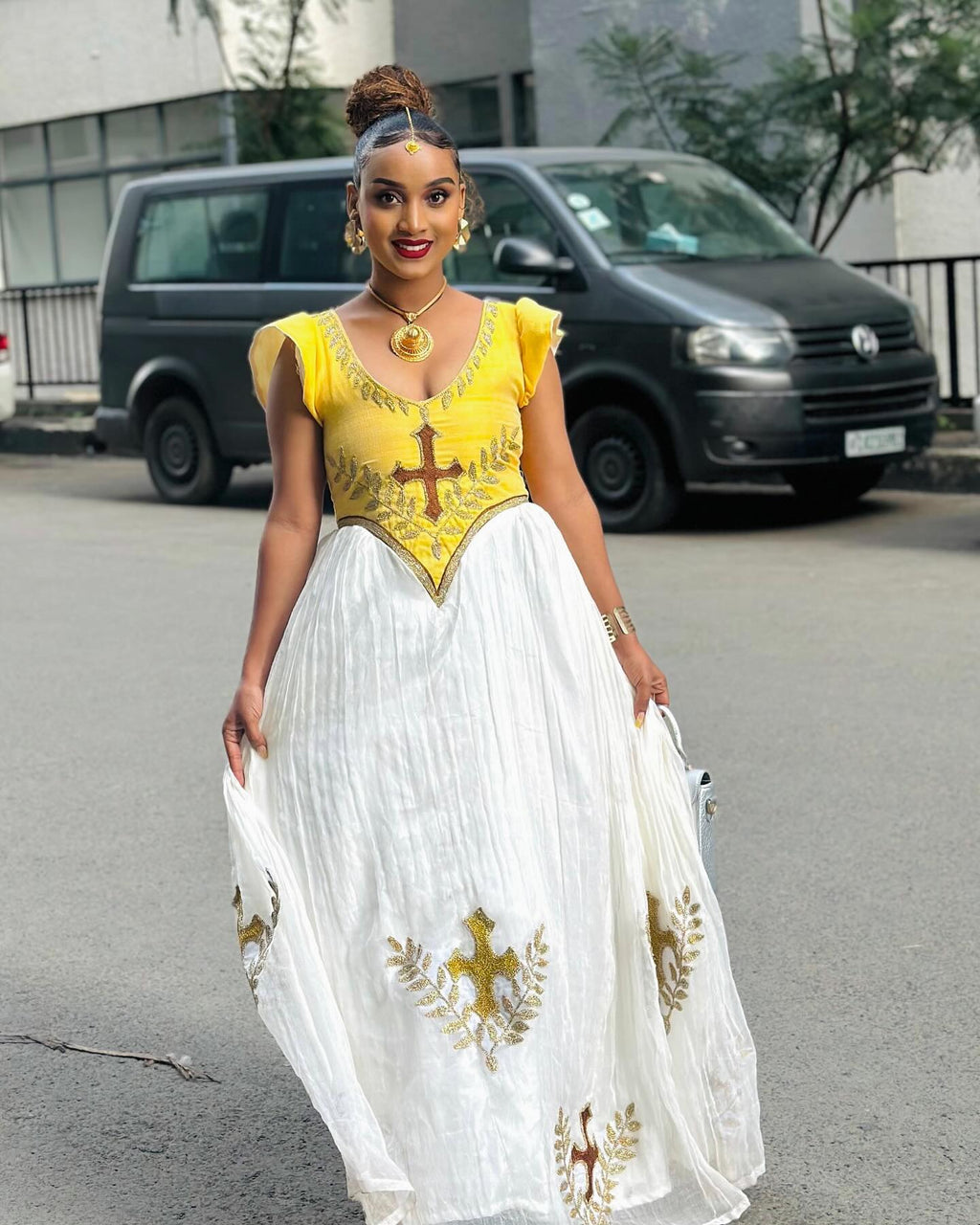 AYELECH YELLOW AND WHITE HABESHA DRESS | ETHIOPIAN DRESS FOR FESTIVE | SHORT SLEEVE HABESHA KEMIS
