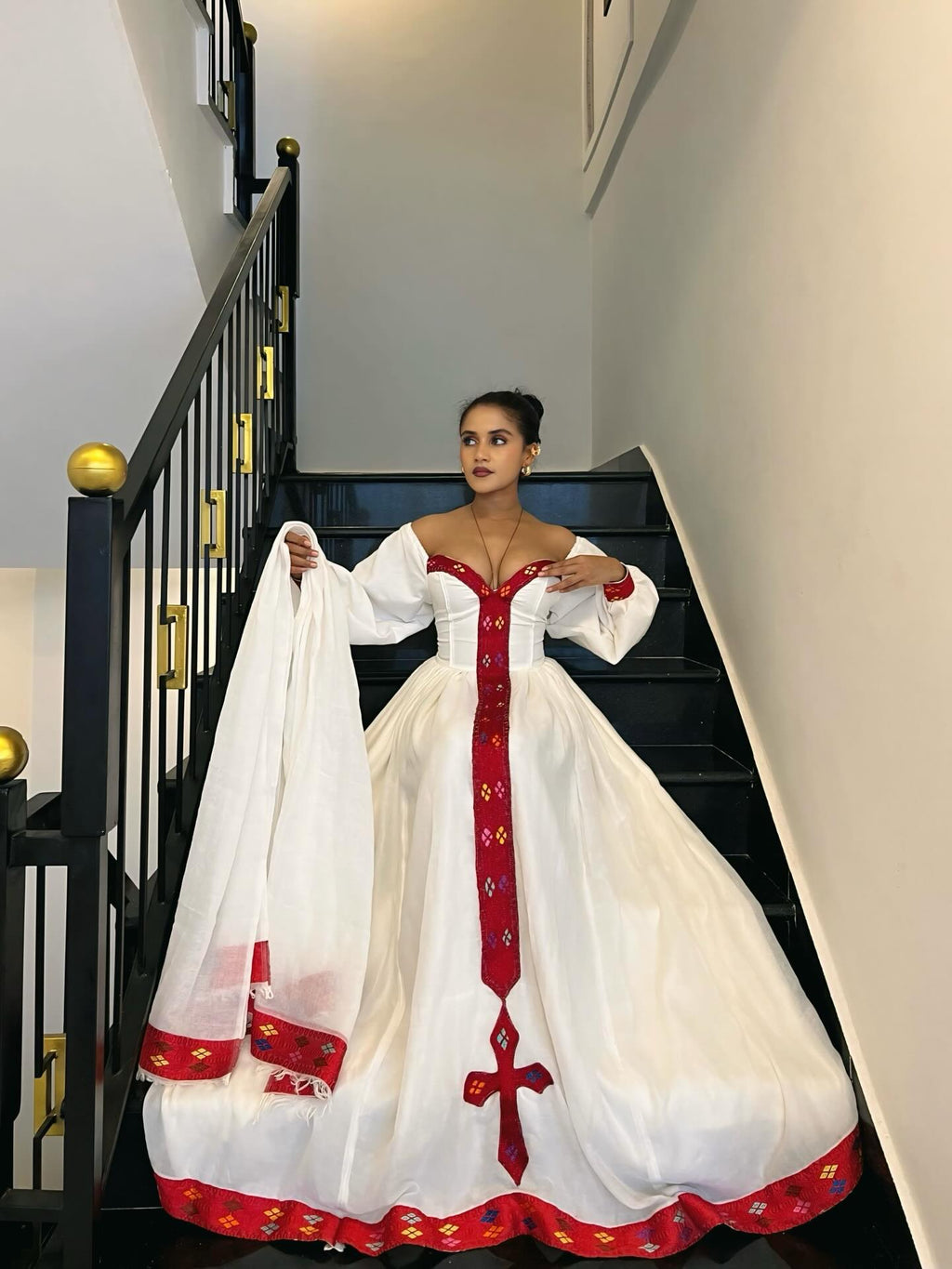 ZEBIDER OFF SHOULDER HABESHA DRESS | ETHIOPIAN DRESS COLLECTION | CROSS PATTERN HABESHA KEMIS