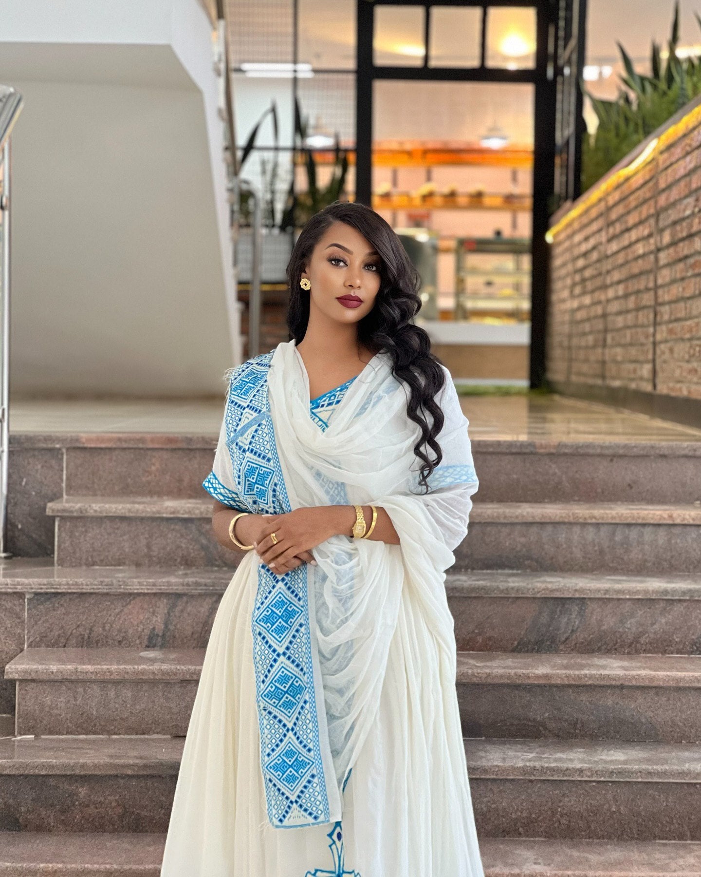 NAOMI BLUE CROSS EMBROIDERY HABESHA DRESS | ETHIOPIAN TRADITIONAL DRESS | SHORT SLEEVE HABESHA KEMIS