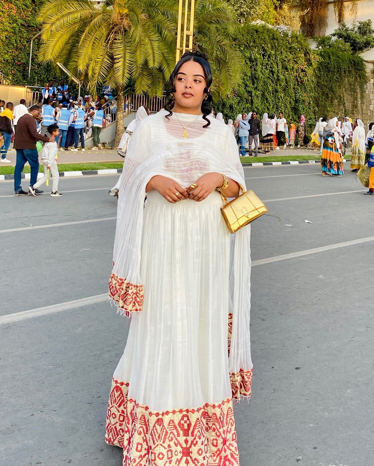 ZENEBU SHORT SLEEVE HABESHA DRESS | AUTHENTIC TRADITIONAL ETHIOPIAN CLOTHING | GOLD AND RED WOVEN HABESHA KEMIS