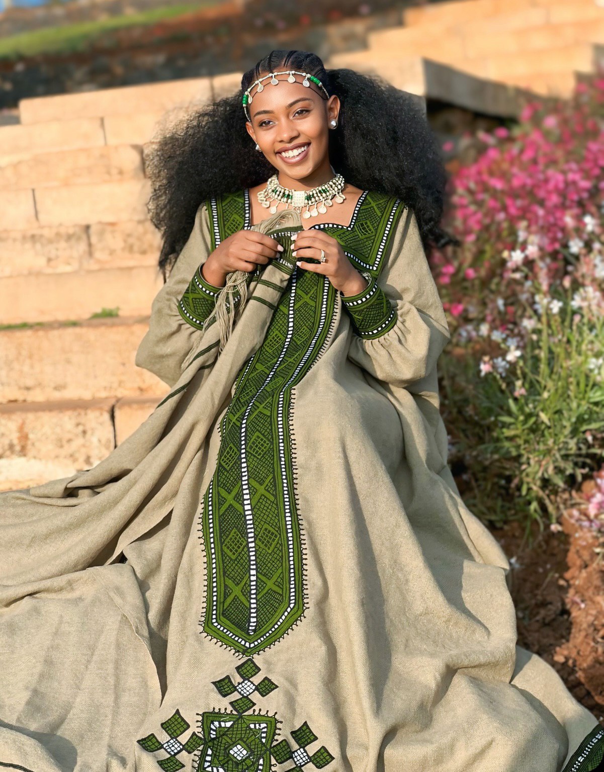 HABESHA KEMIS ONLINE GREEN WOVEN HABESHA DRESS INSPIRED BY ETHIOPIAN TRADITION