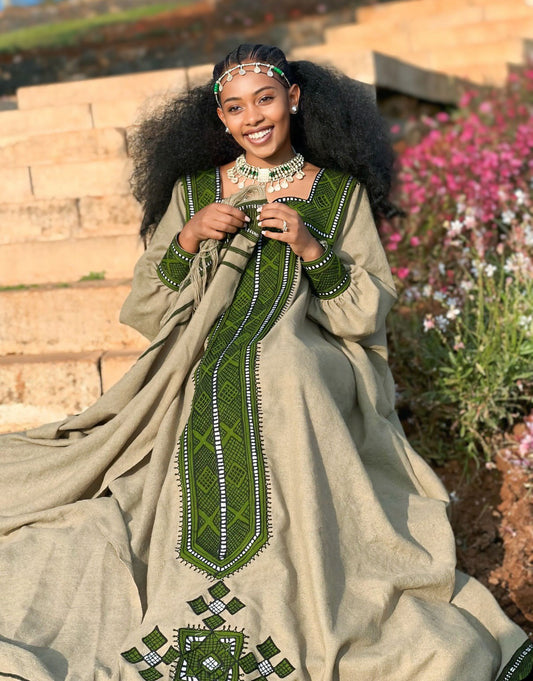 HABESHA KEMIS ONLINE GREEN WOVEN HABESHA DRESS INSPIRED BY ETHIOPIAN TRADITION