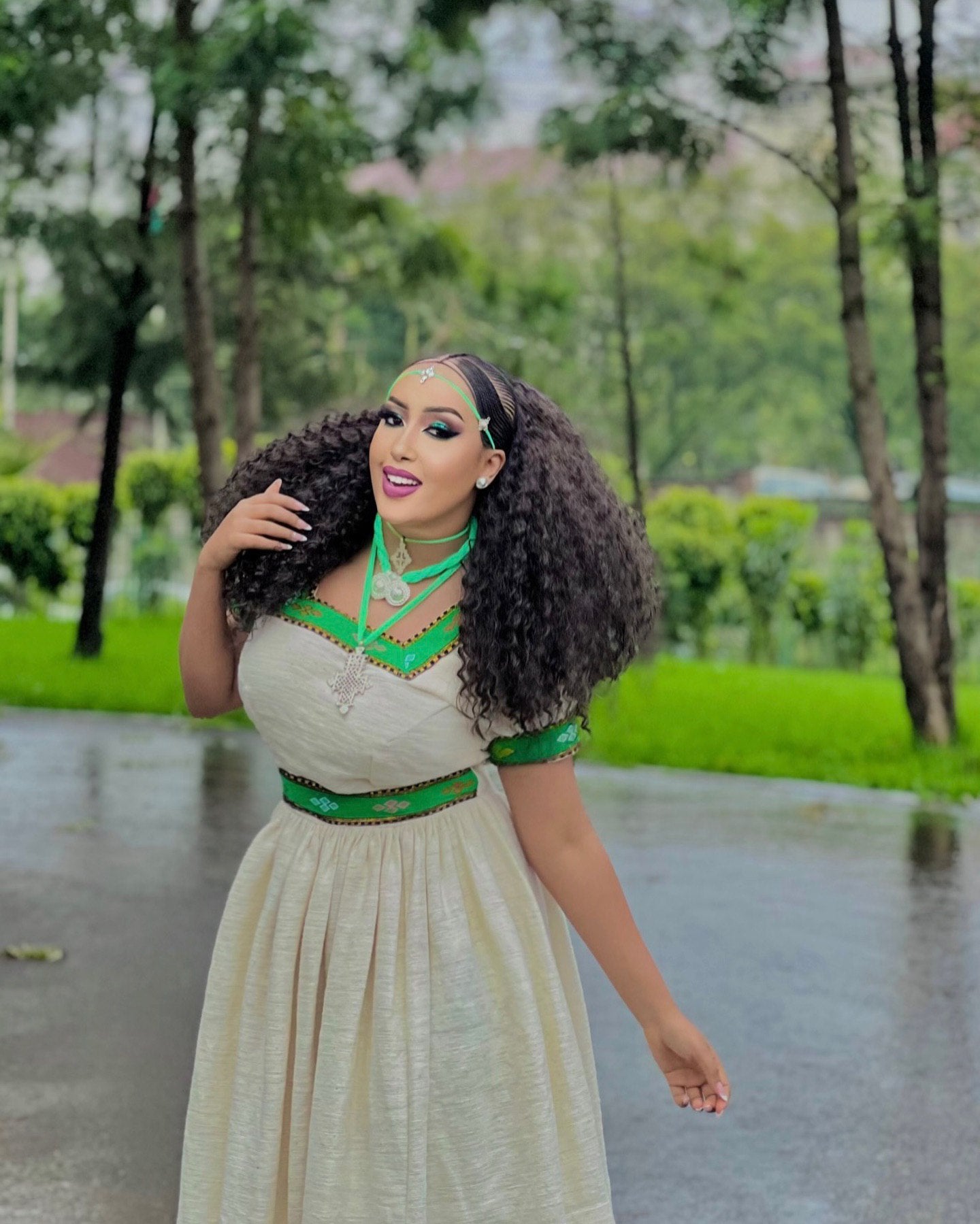 LISH SHORT SLEEVE HABESHA DRESS | GREEN PATTERN HABESHA KEMIS | ETHIOPIAN TRADITIONAL DRESS STYLE