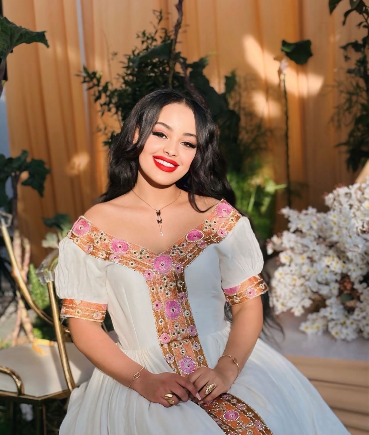 AKBERET OFF-SHOULDER HABESHA DRESS | GOLD AND PINK EMBROIDERY HABESHA DRESS | ETHIOPIAN TRADITIONAL DRESS