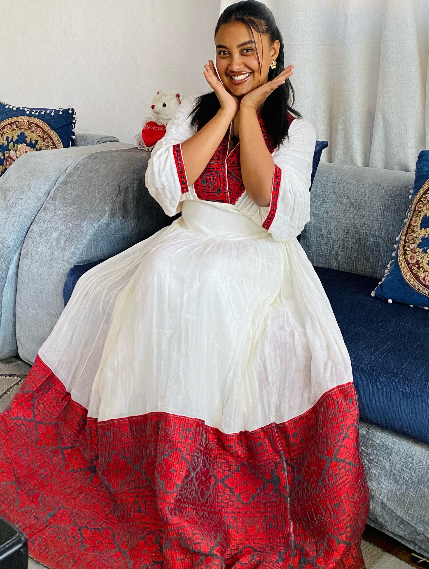 HABU AUTHENTIC RED WOVEN HABESHA KEMIS | TRADITIONAL ETHIOPIAN DRESS | V-NECKLINE HABESHA DRESS