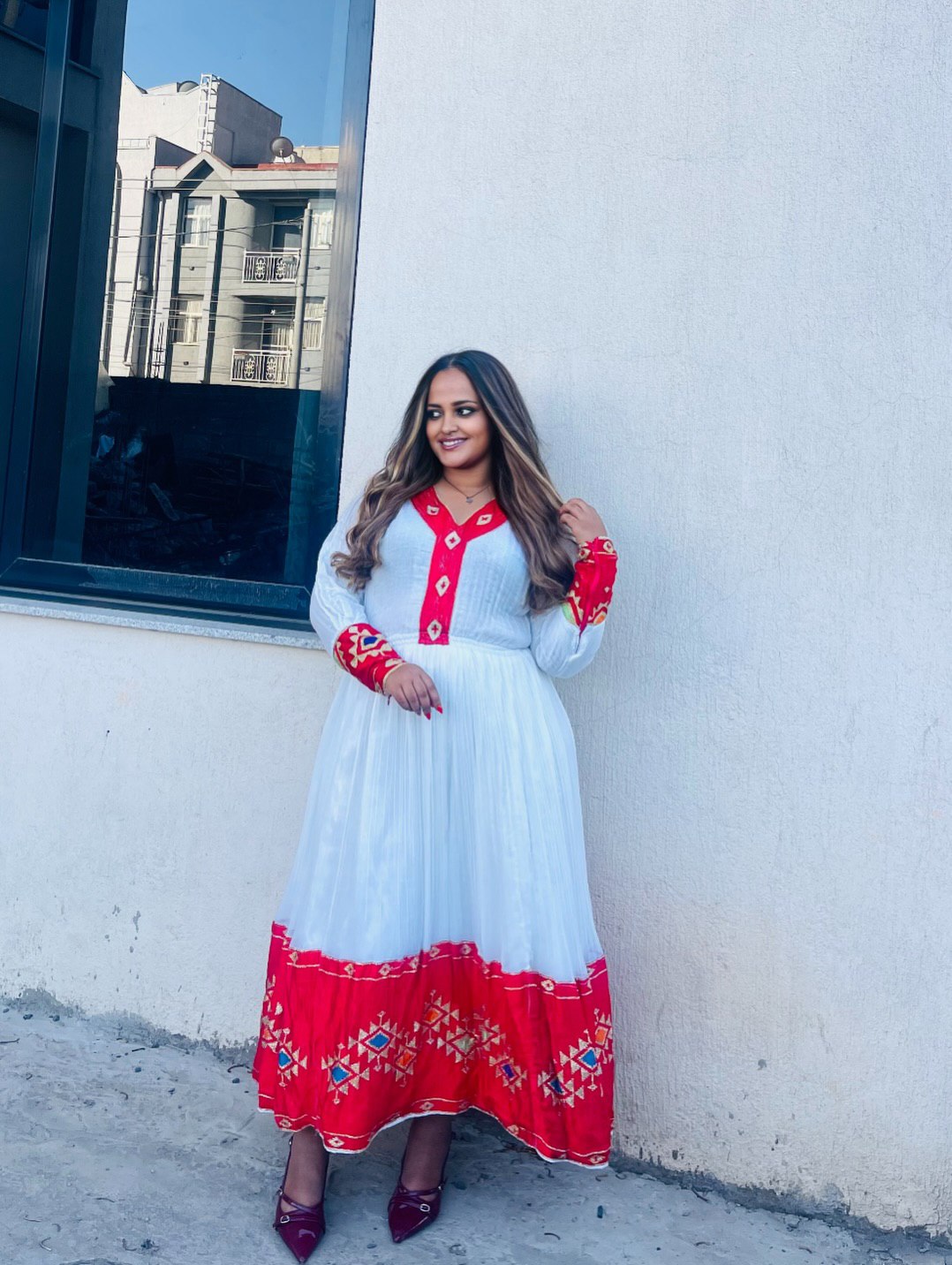 MEKLITNESH TRADITIONAL LONG SLEEVE HABESHA KEMIS | RED WOVEN DESIGN HABESHA DRESS | CULTURAL ETHIOPIAN DRESS