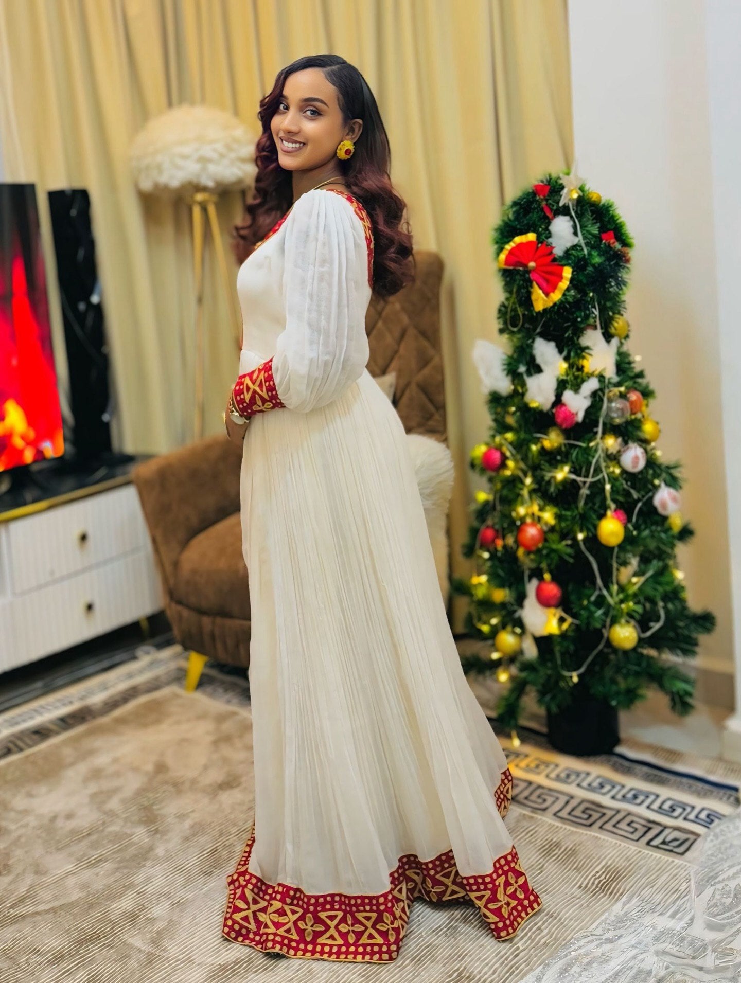 EMY LONG SLEEVE DESIGN HABESHA DRESS | RED AND GOLDEN EMBELLISHMENT HABESHA KEMIS | ETHIOPIAN CLOTHING STYLE