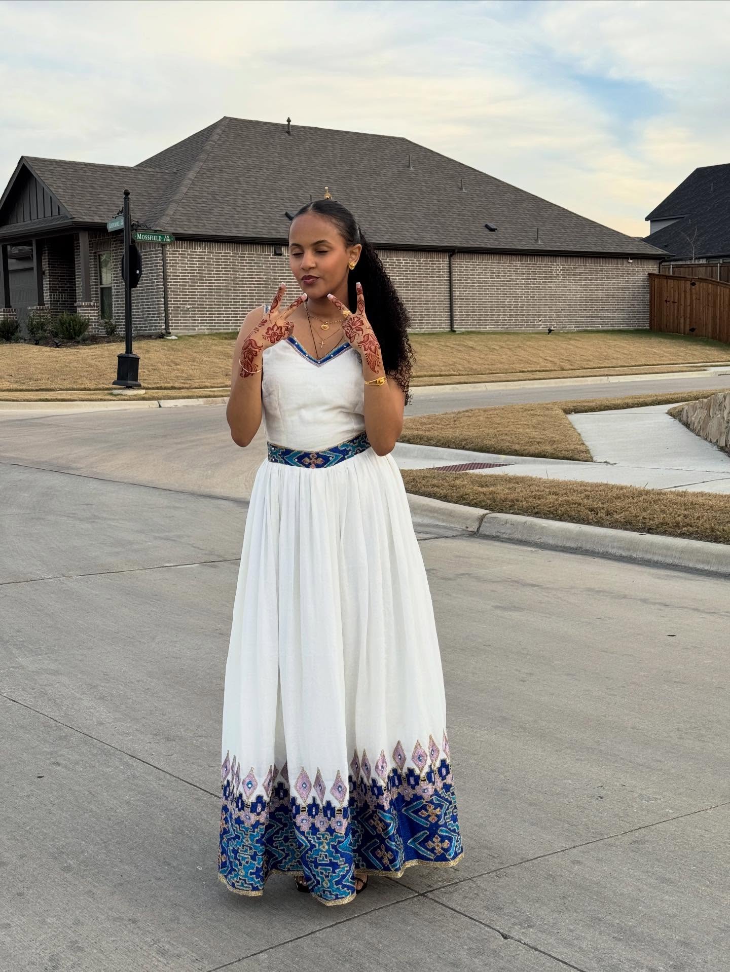 AKALE ETHIOPIAN CLOTHING COLLECTION | SLEEVELESS HABESHA DRESS | BLUE HABESHA KEMIS DESIGN