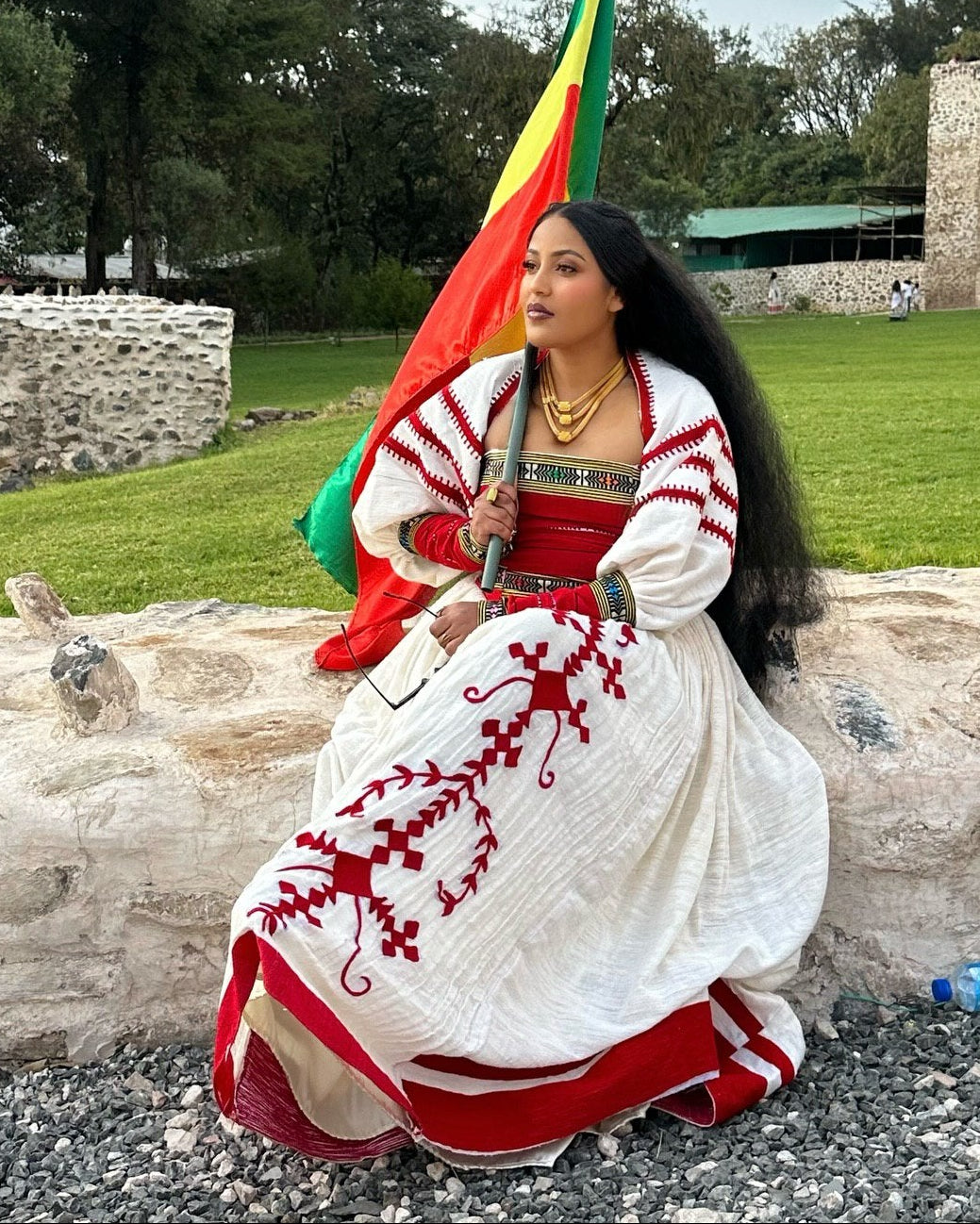 TINEBEB TRADITIONAL WHITE HABESHA KEMIS WITH RED DETAILS | ETHIOPIAN CLOTHING | HABESHA DRESS FOR CULTURAL EVENTS