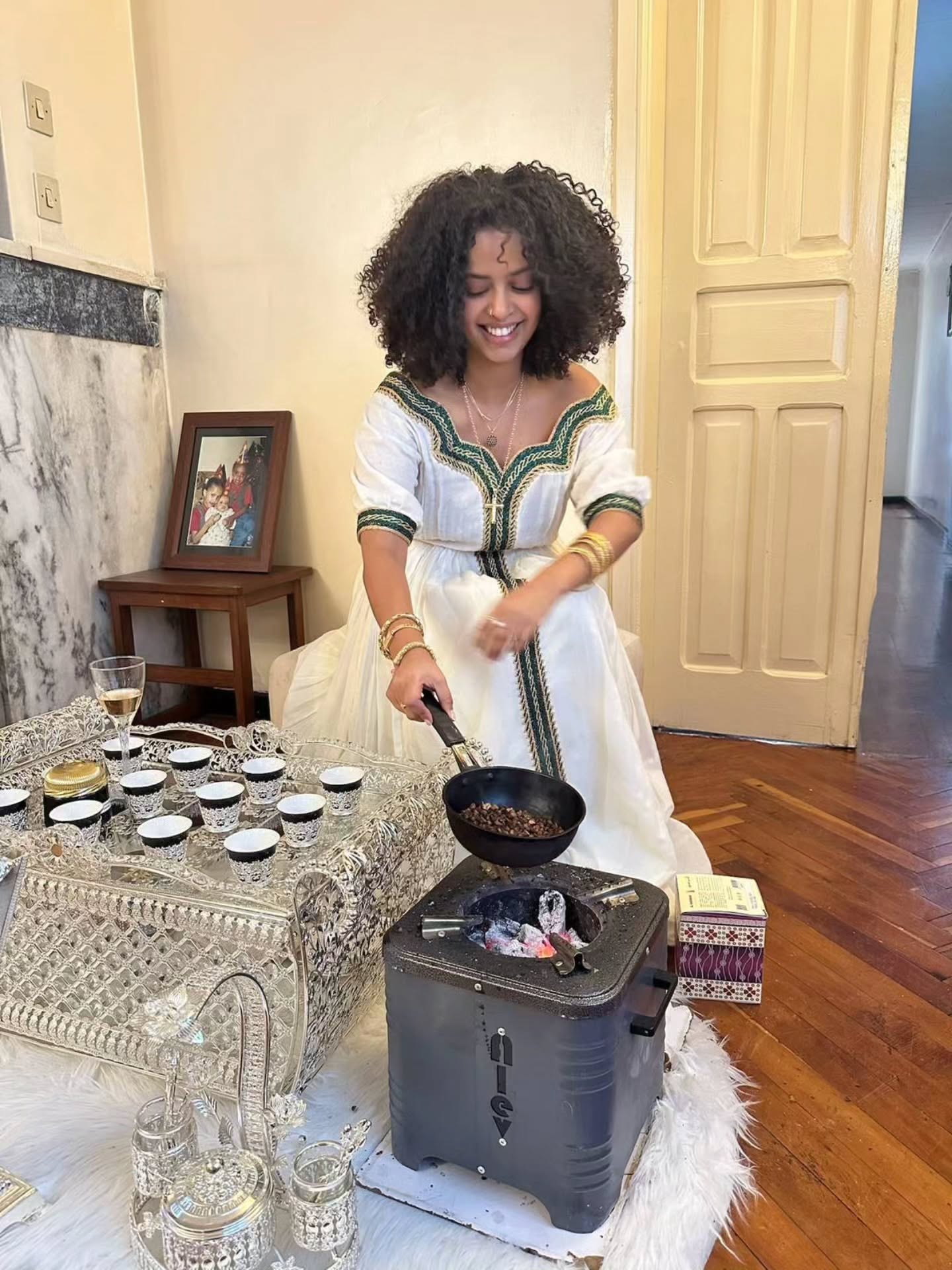 SOFI OFF-SHOULDER ETHIOPIAN DRESS | GREEN EMBROIDERY HABESHA KEMIS | SHORT SLEEVE HABESHA DRESS