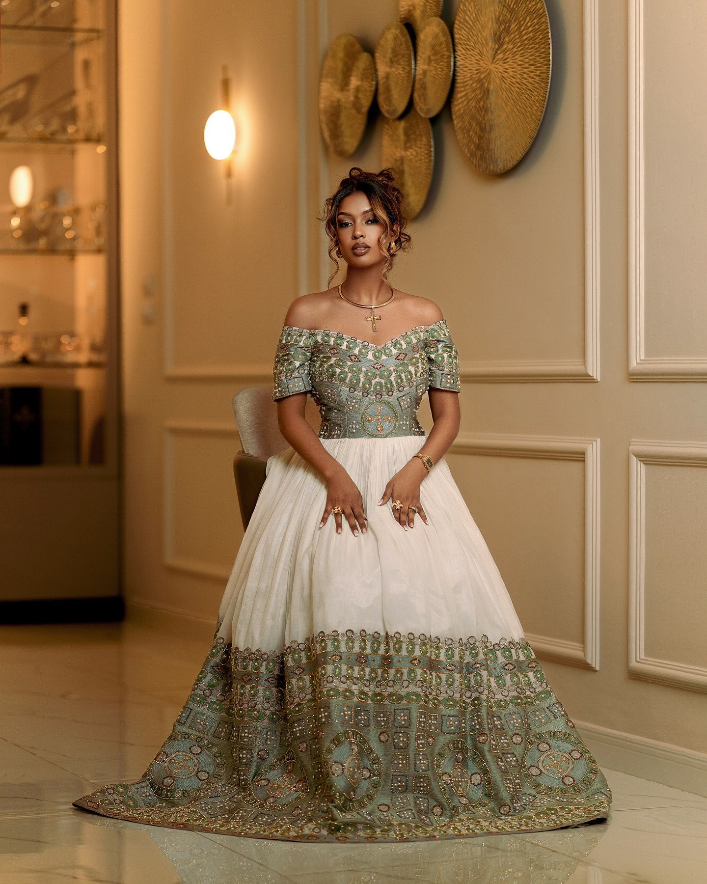 FANTAYE OFF-SHOULDER ETHIOPIAN DRESS | GREEN EMBROIDERY HABESHA KEMIS | ETHIOPIAN WEDDING DRESS