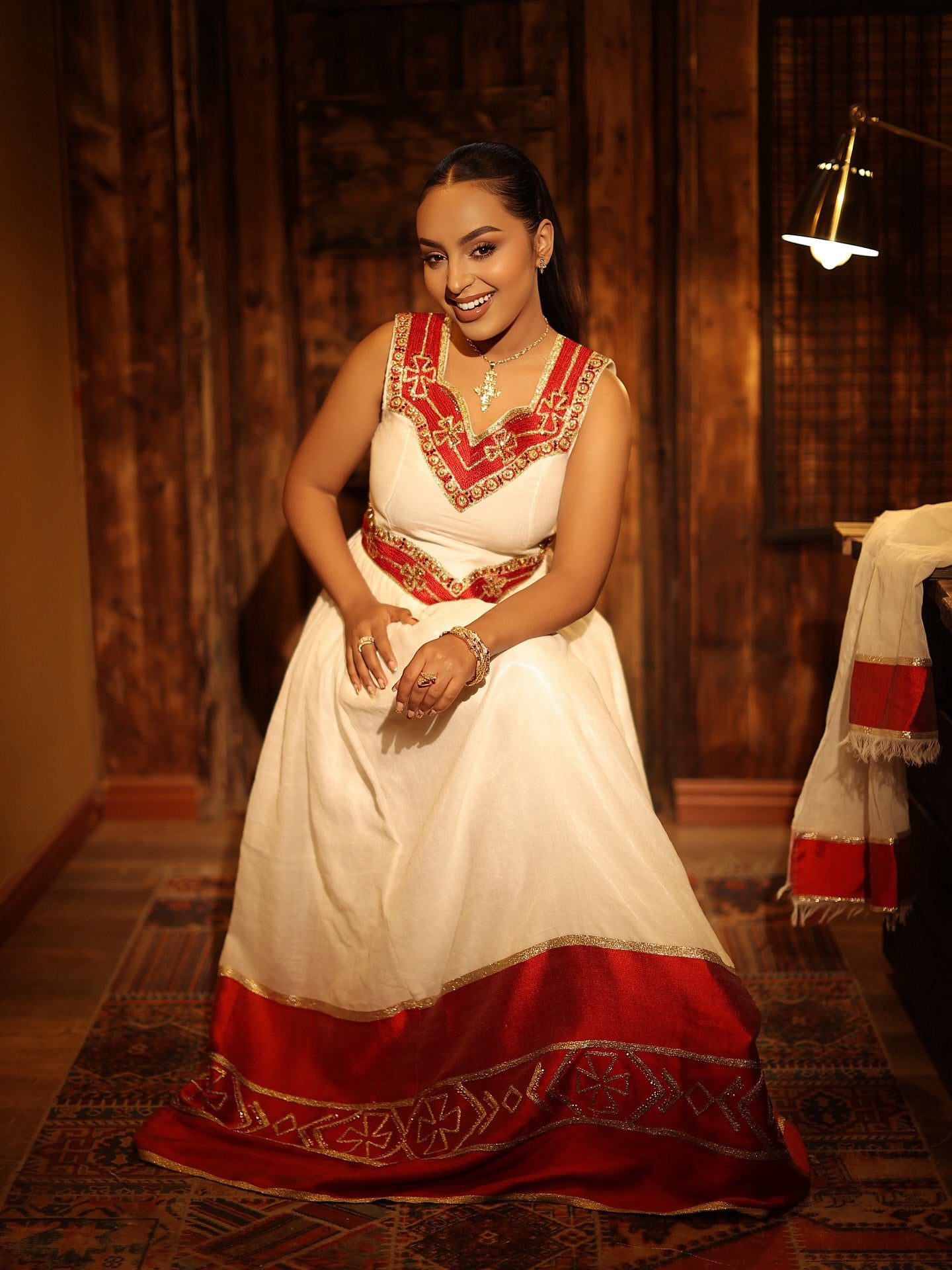 ALEMTSEHAY SLEEVELESS HABESHA KEMIS | RED AND GOLDEN EMBROIDERY HABESHA DRESS | CHARMING ETHIOPIAN DRESS