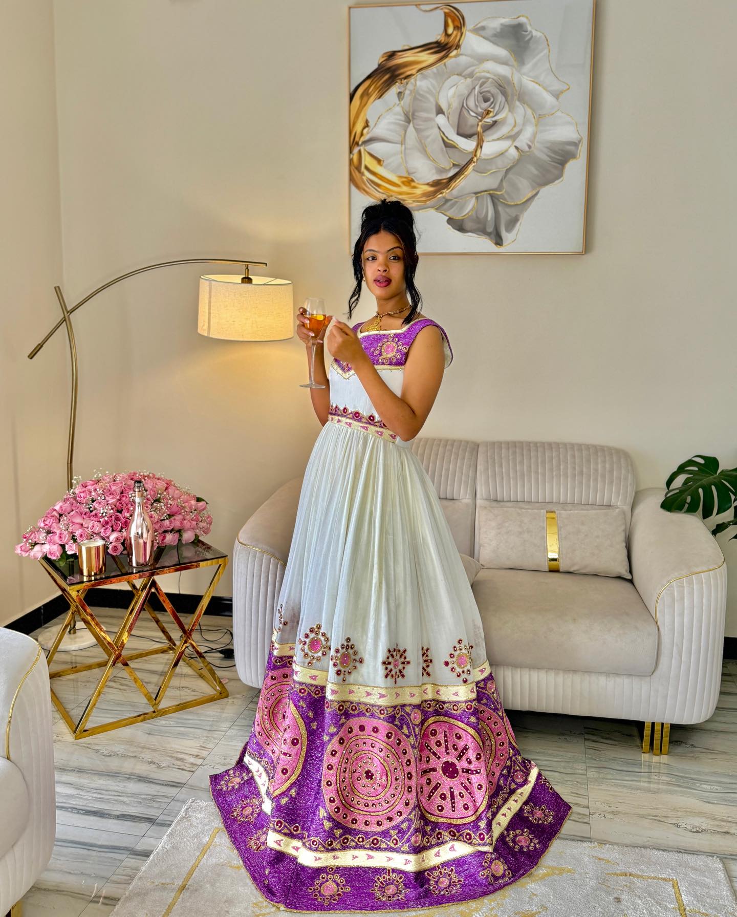 BISRY ETHIOPIAN WEDDING DRESS | PURPLE AND PINK EMBROIDERY HABESHA KEMIS | SLEEVELESS HABESHA DRESS