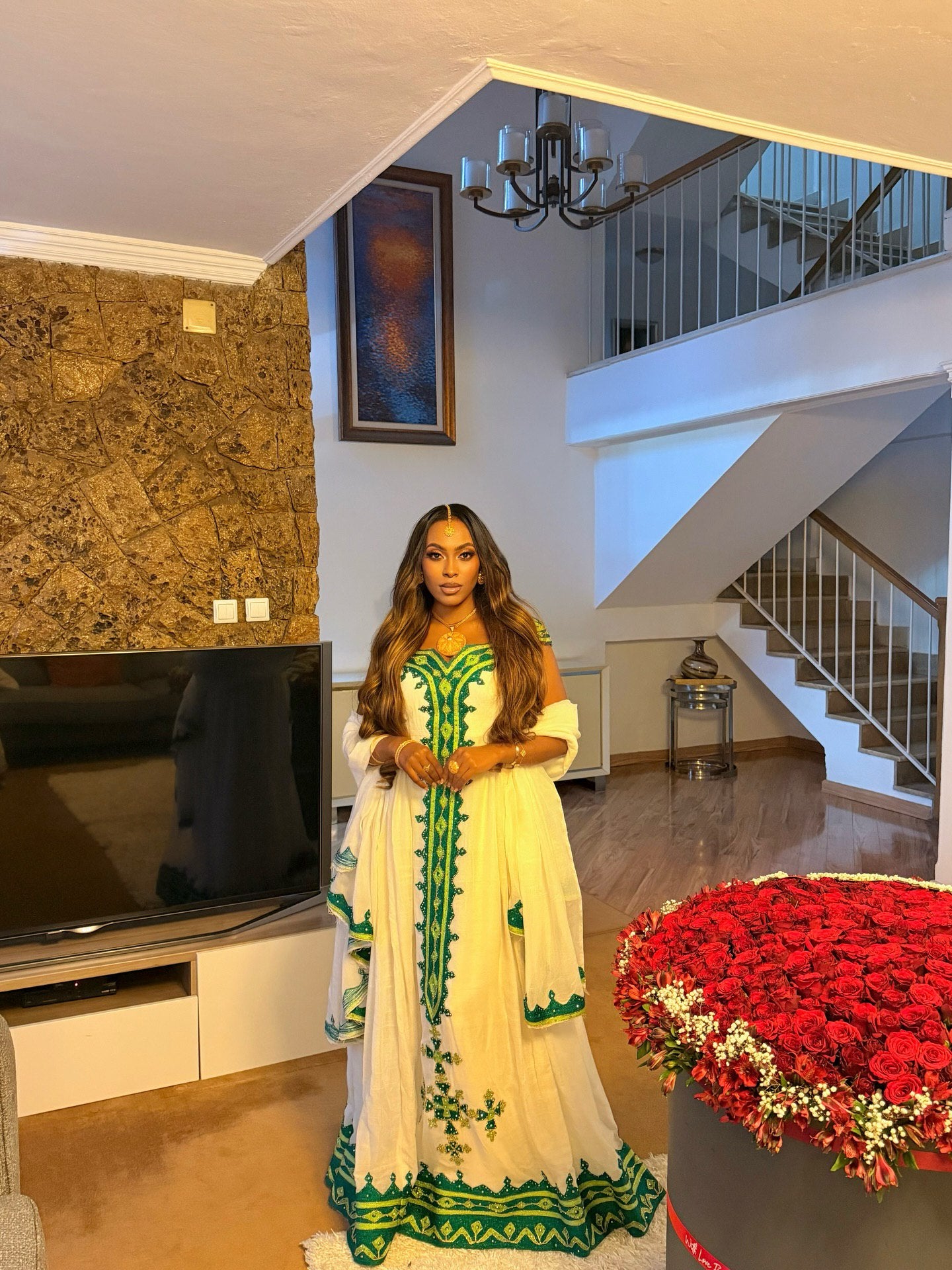 YADA GREEN EMBROIDERY HABESHA DRESS | SHORT SLEEVE HABESHA KEMIS | TRADITIONAL ETHIOPIAN DRESS STYLE