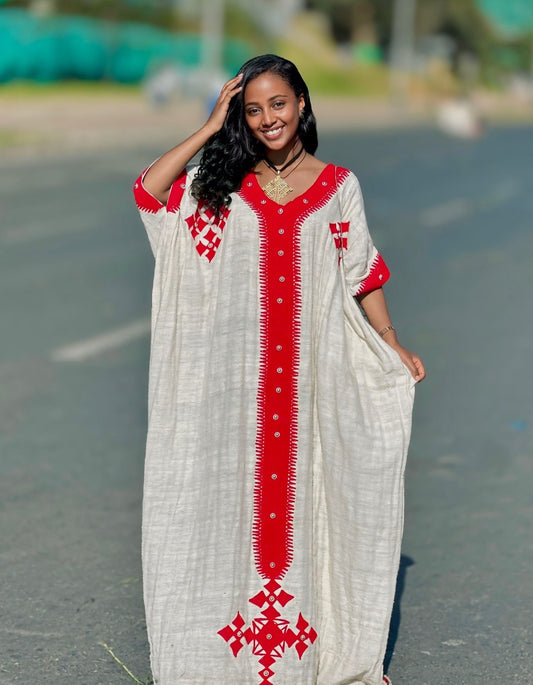 BEAUTIFUL RED EMBROIDERY SHORT SLEEVE HABESHA KEMIS DRESS – AUTHENTIC ETHIOPIAN CLOTHING 