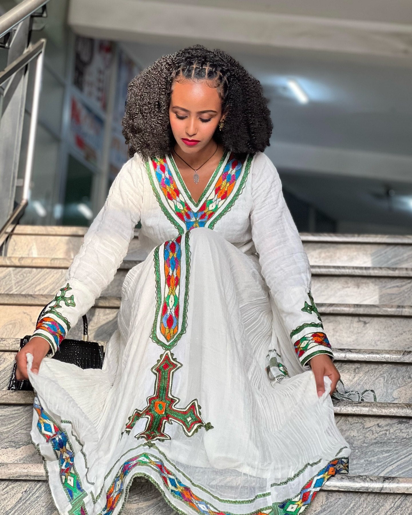 WUBE LONG SLEEVE HABESHA DRESS | MULTICOLOR EMBROIDERY HABESHA KEMIS | TIMELESS TRADITIONAL ETHIOPIAN CLOTHING