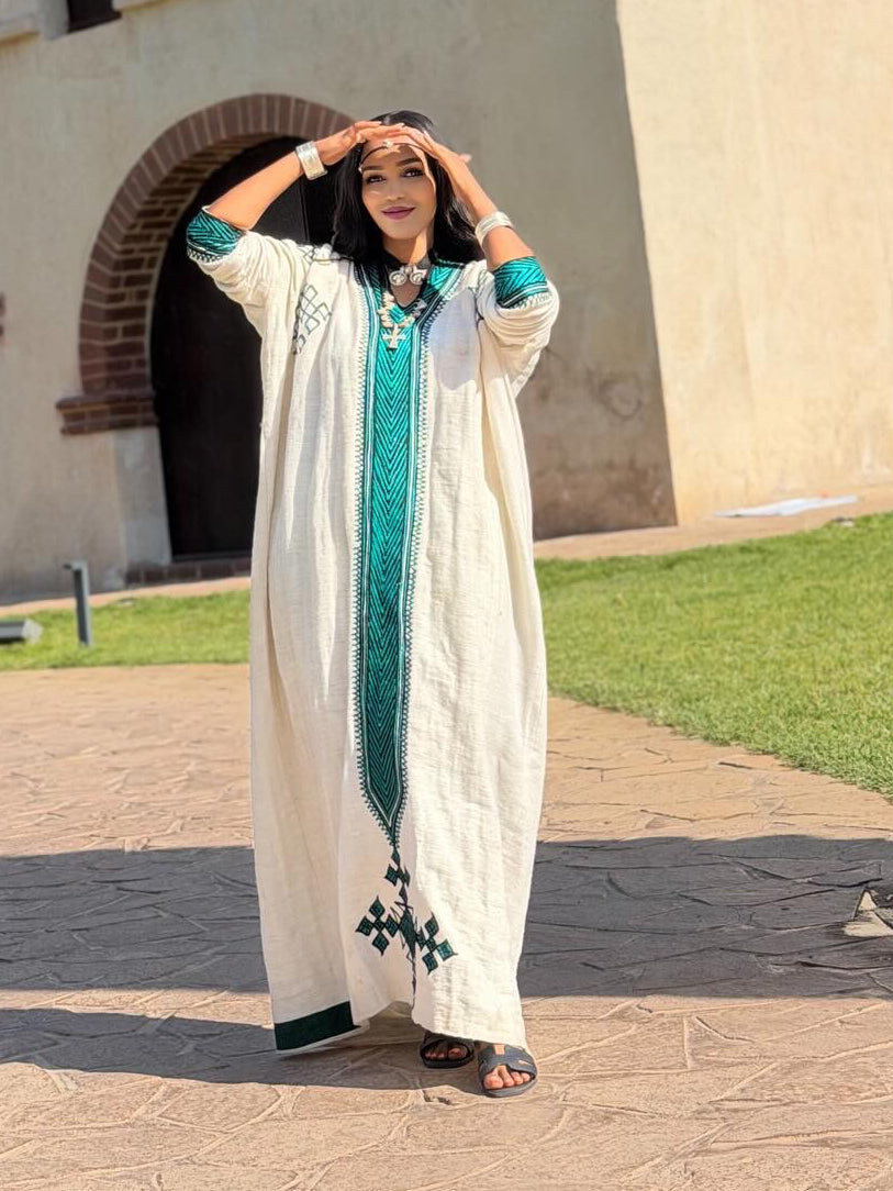 EDILAWIT GREEN AND BLACK EMBROIDERY HABESHA DRESS | LONG SLEEVE HABESHA KEMIS | CHARMING ETHIOPIAN DRESS