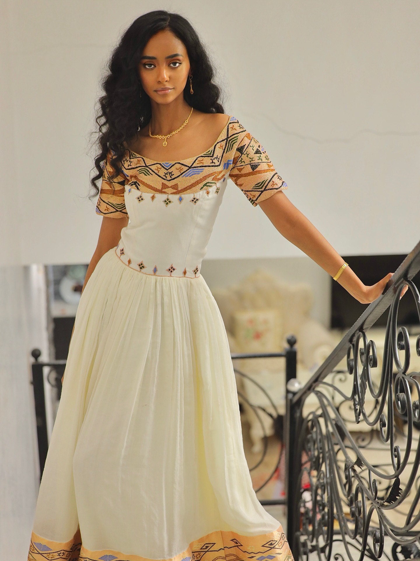 ANNA STUNNING OFF-SHOULDER HABESHA KEMIS | MULTICOLOR EMBROIDERY HABESHA DRESS | TRADITIONAL ETHIOPIAN CLOTHING