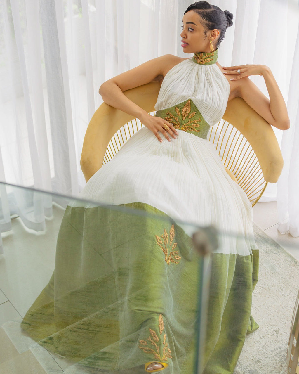 MHRU GREEN AND WHITE HABESHA DRESS | ELEGANT TRADITIONAL ETHIOPIAN CLOTHING | BEAUTIFUL HABESHA KEMIS