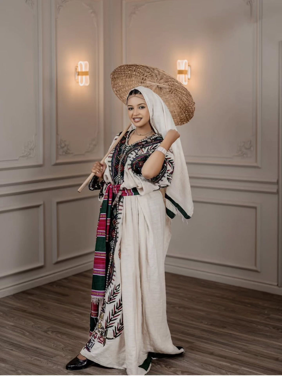 HABESHA KEMIS CLASSIC TRADITIONAL ETHIOPIAN DRESS WITH HANDWOVEN COLORFUL PANEL DESIGN