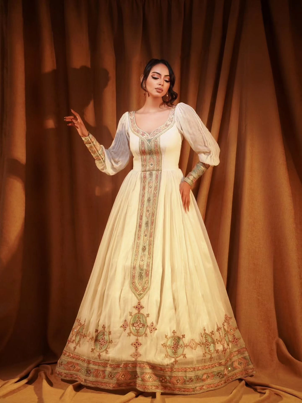 MARAMAWIT REGAL ETHIOPIAN WEDDING DRESS | GOLDEN EMBROIDERED HABESHA KEMIS | BEAUTIFUL HABESHA DRESS FOR WEDDING