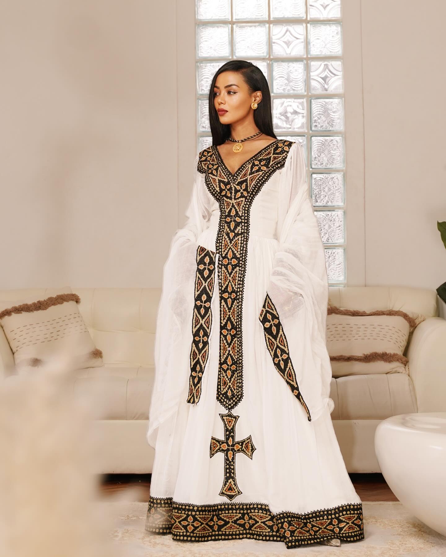 HEAVEN BLACK & GOLD EMBROIDERY ETHIOPIAN CLOTH | CROSS MOTIF CULTURAL HABESHA DRESS | CLASSIC CULTURAL HABESHA KEMIS