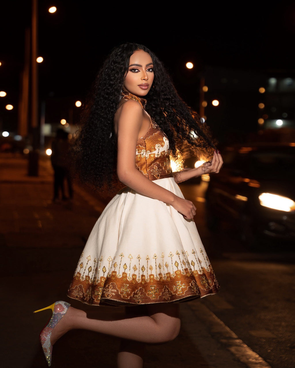 TSEDEY ETHIOPIAN HABESHA DRESS | MODERN TRADITIONAL TIBEB DESIGN HABESHA KEMIS | GOLDEN-BROWN ETHIOPIAN CLOTH