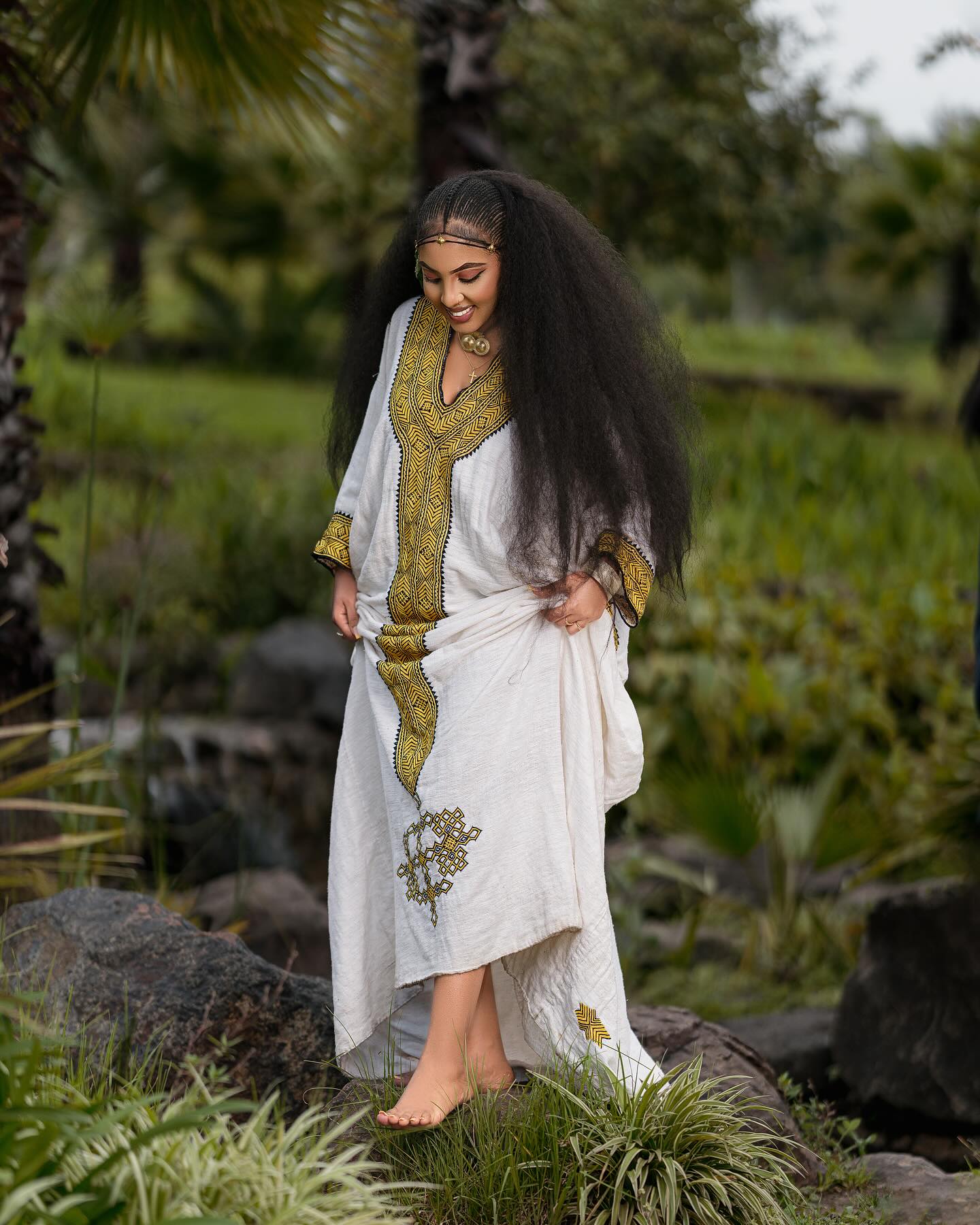 YETNAYET YELLOW & BLACK TIBEB EMBROIDERY ETHIOPIAN DRESS | HANDWOVEN HABESHA KEMIS | STUNNING HABESHA DRESS FOR FESTIVE