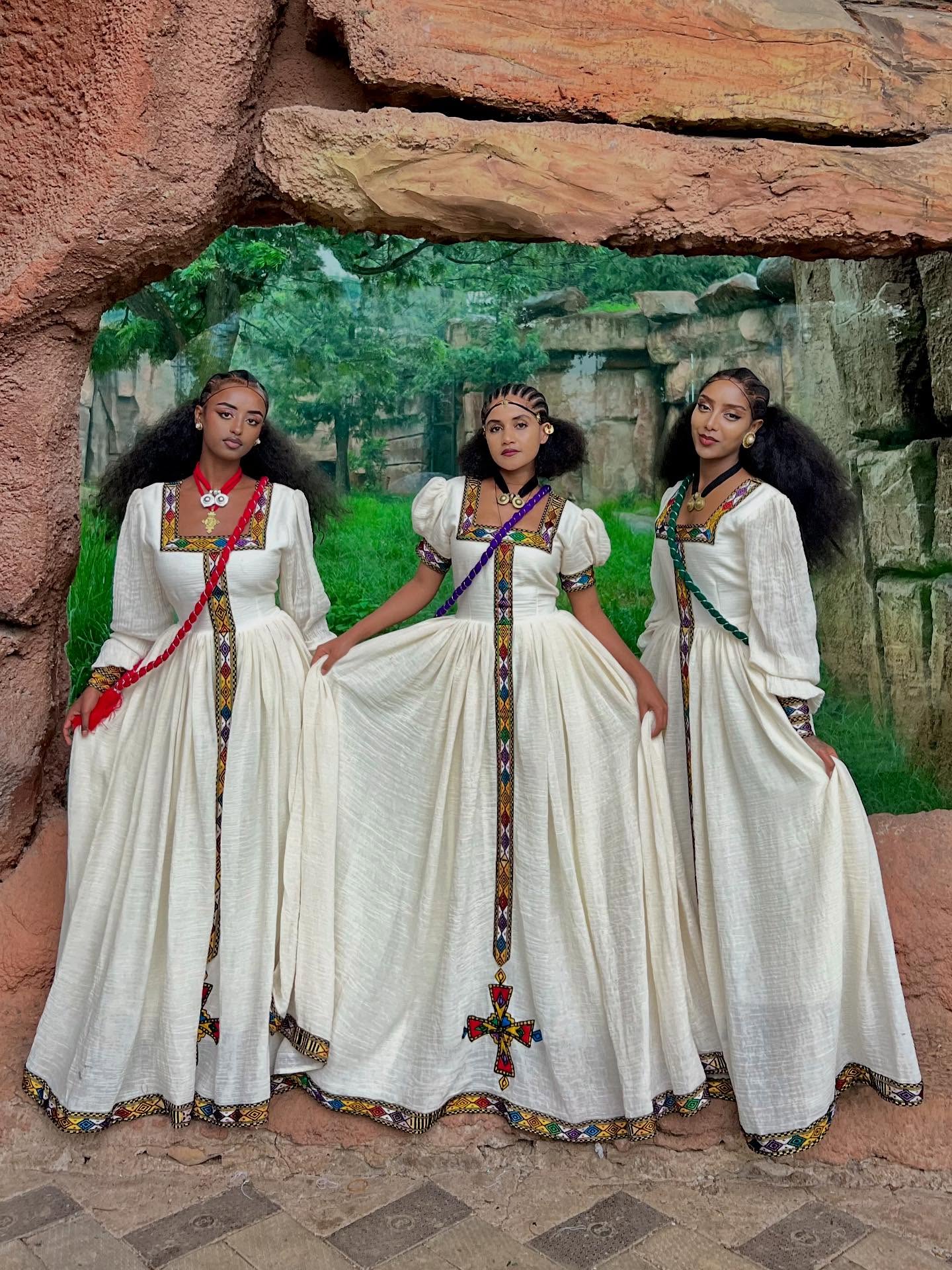 NARDI ETHIOPIAN HABESHA DRESS | TRADITIONAL TIBEB DESIGN ETHIOPIAN CLOTH | MULTICOLORED HABESHA KEMIS WITH CROSS EMBROIDERY