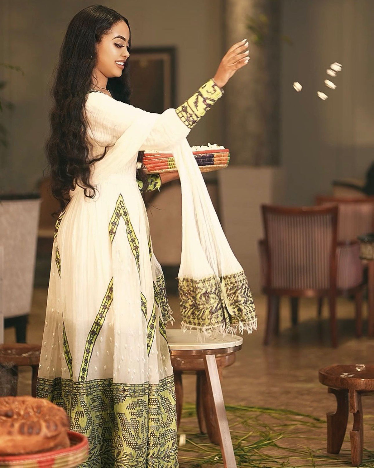 KONJIT ELEGANT ETHIOPIAN TRADITIONAL DRESS | HABESHA DRESS FOR SPECIAL CELEBRATIONS | GREEN AND GOLD PATTERN HABESHA KEMIS |