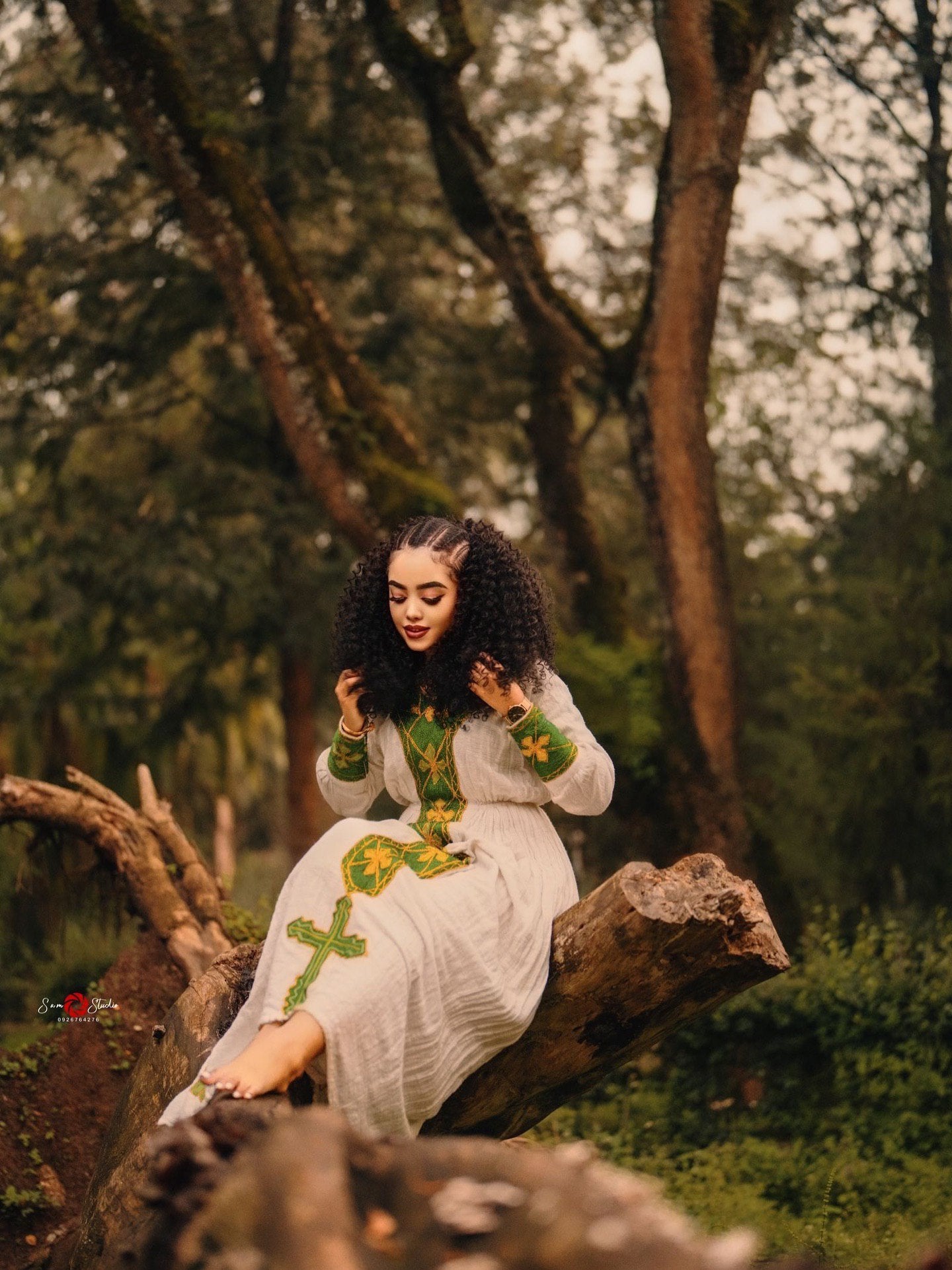 MESELU CLASSIC TRADITIONAL HABESHA KEMIS | GREEN & GOLD EMBROIDERY ETHIOPIAN DRESS | HANDWOVEN HABESHA DRESS