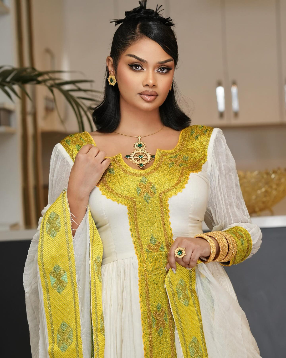 LEWAM ETHIOPIAN TRADITIONAL DRESS | HABESHA KEMIS FOR WOMEN | WHITE AND YELLOW HABESHA DRESS