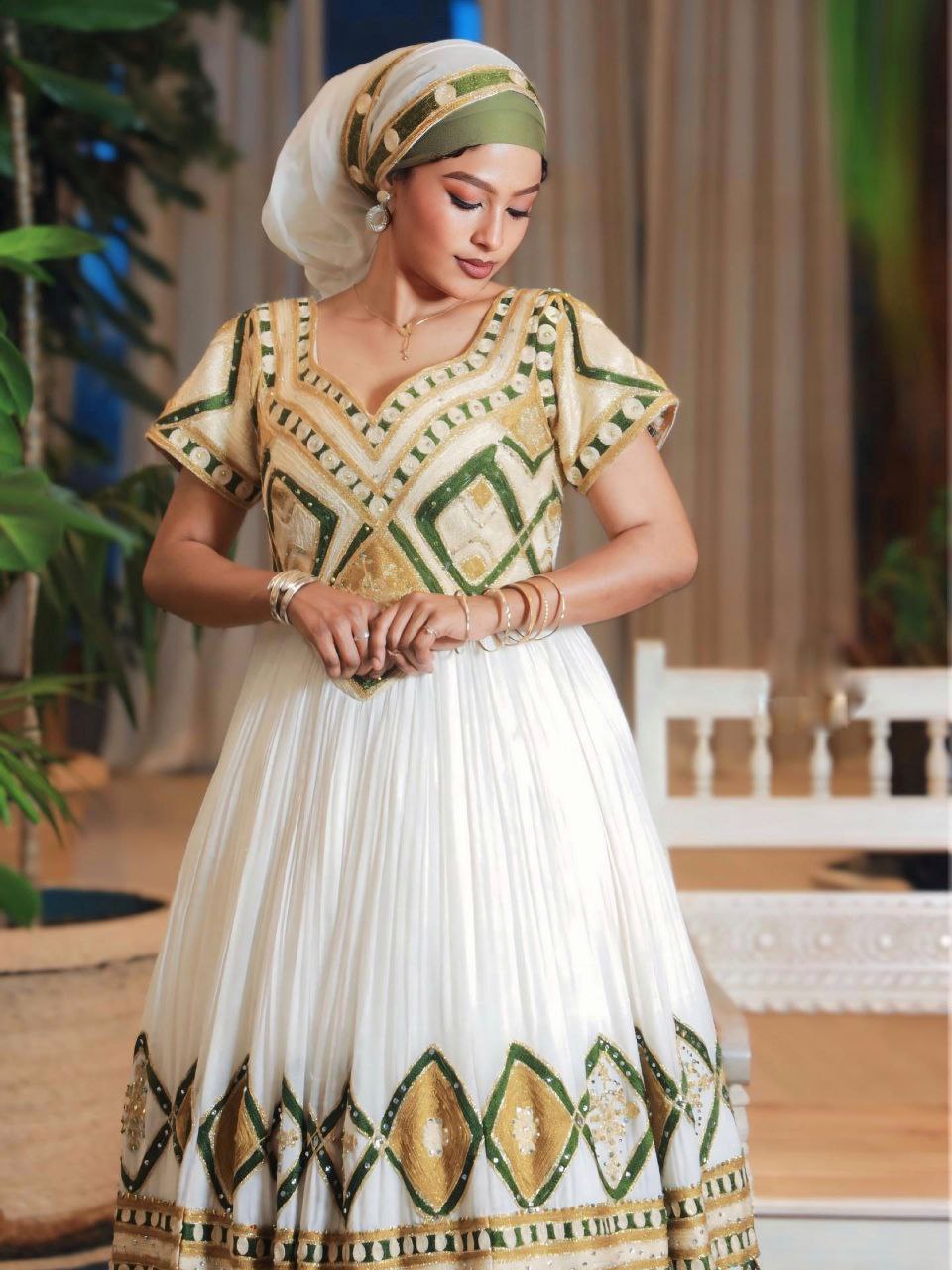 HAYAT TRADITIONAL ETHIOPIAN WEDDING DRESS | HABESHA KEMIS & ERITREAN CLOTH | GREEN AND GOLD EMBROIDERY HABESHA DRESS