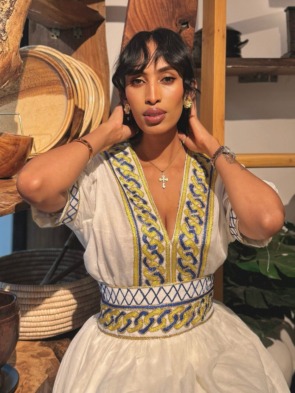 YOHANA ETHIOPIAN TRADITIONAL DRESS | HABESHA DRESS WITH BLUE & YELLOW EMBROIDERY | HABESHA KEMIS FOR EVENTS