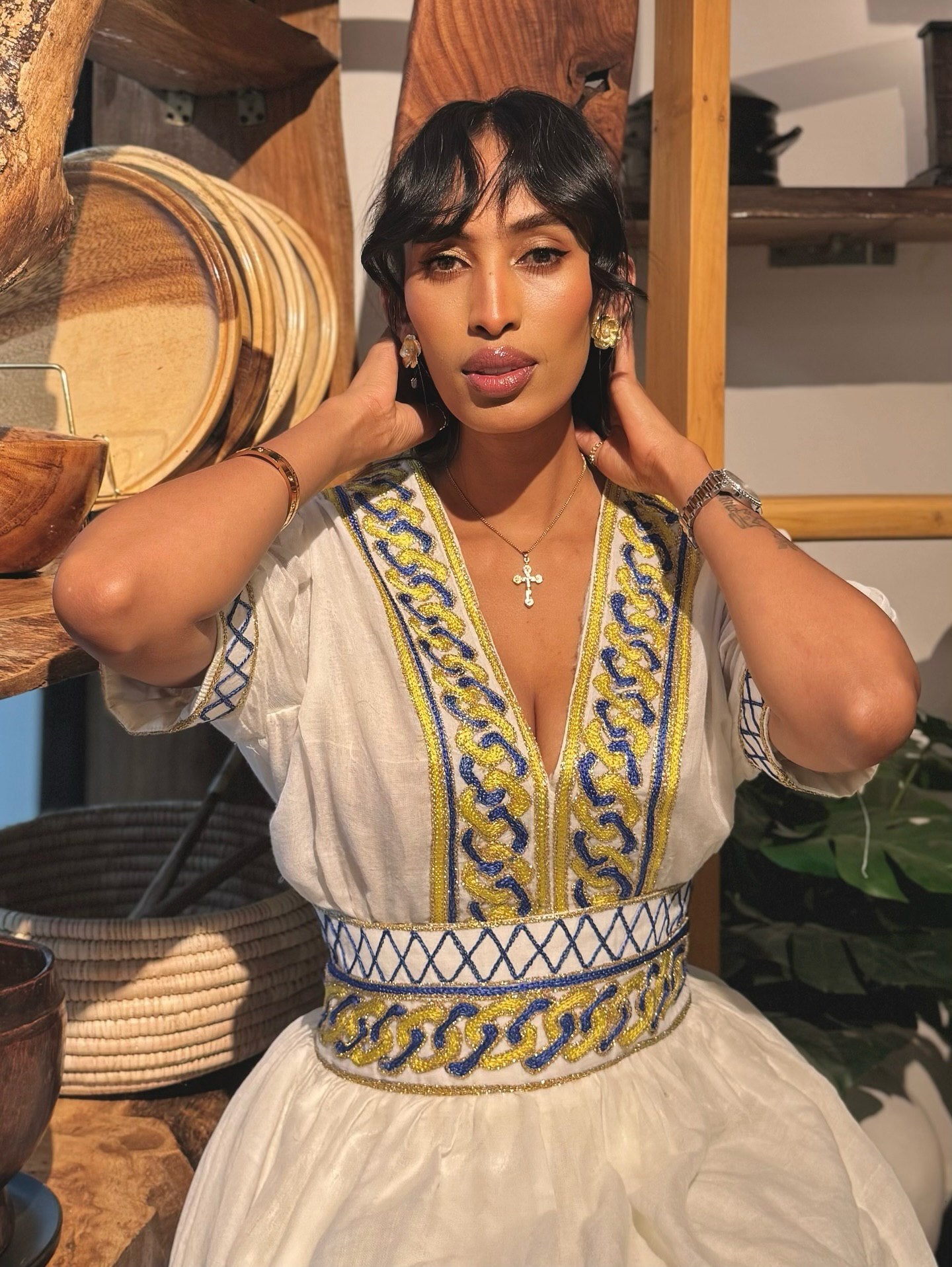 YOHANA ETHIOPIAN TRADITIONAL DRESS | HABESHA DRESS WITH BLUE & YELLOW EMBROIDERY | HABESHA KEMIS FOR EVENTS