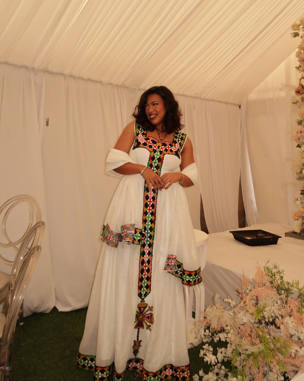 WENGELAWIT WHITE ETHIOPIAN TRADITIONAL DRESS | MULTICOLOR EMBROIDERY HABESHA KEMIS | STYLISH HABESHA DRESS