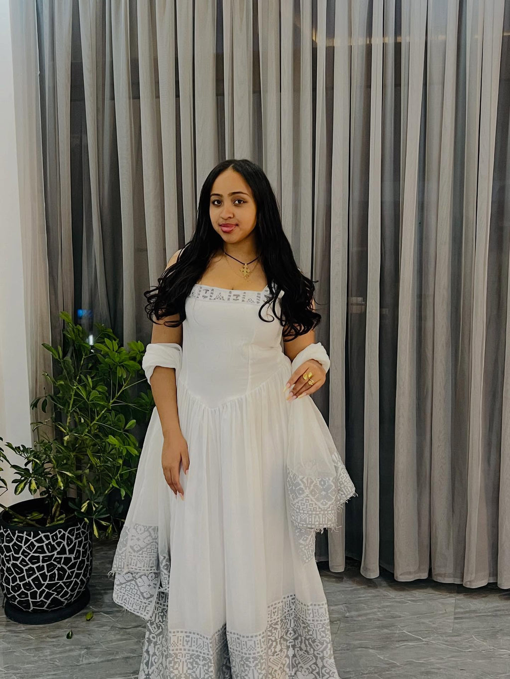 TSIGE WHITE FLOWY TRADITIONAL STYLE DRESS | GRAY EMBROIDERED DESIGN HABESHA KEMIS | STUNNING HABESHA DRESS