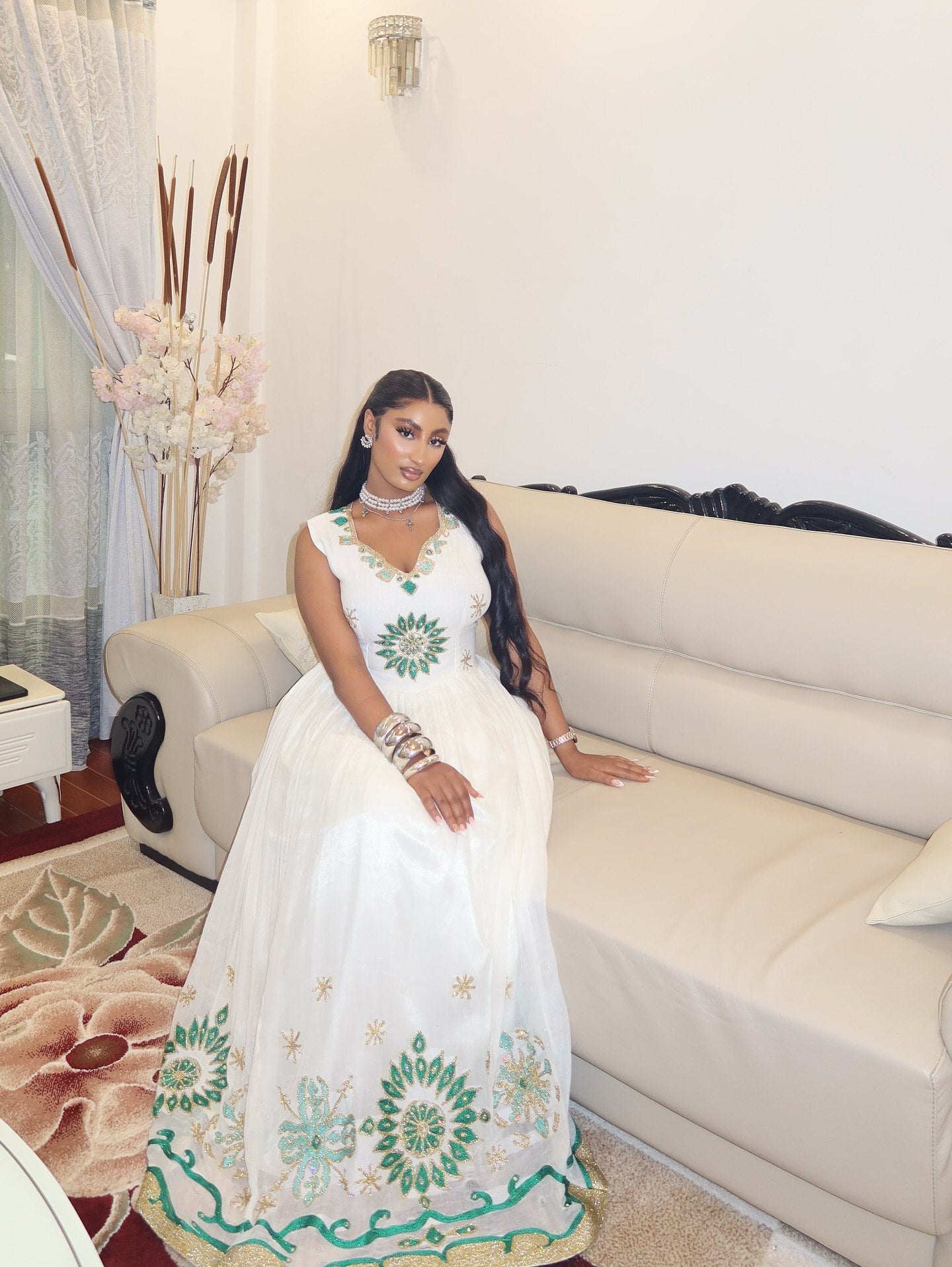 Green And Gold Embroidery Habesha Dress for Event