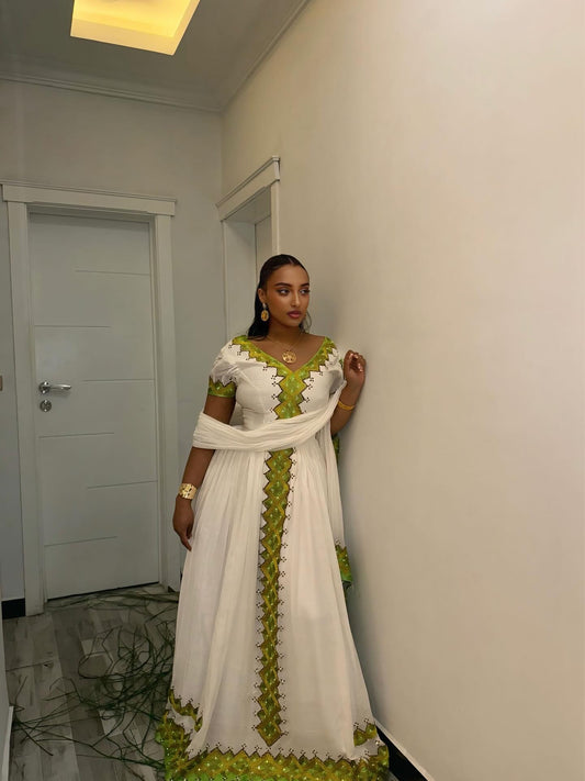 Green and White Habesha Kemis | Elegant Ethiopian Traditional Dress