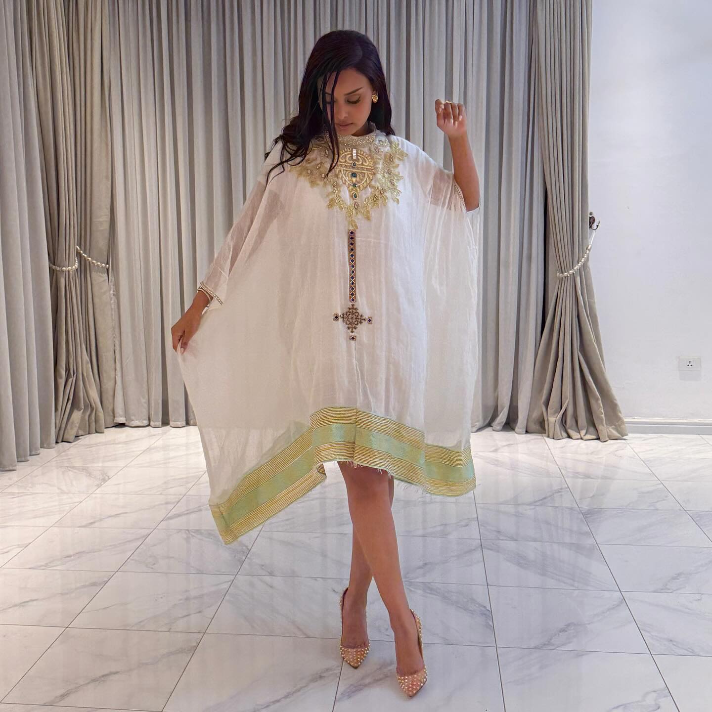 ESKEDAR ETHIOPIAN TRADITIONAL DRESS | GREEN EMBROIDERY HABESHA DRESS | SHORT STYLE HABESHA KEMIS