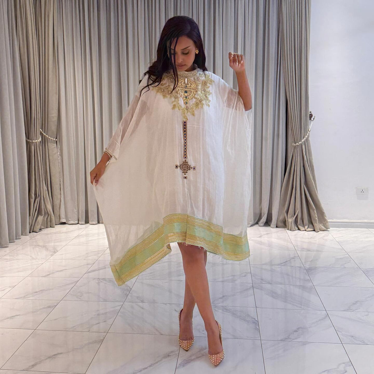 ESKEDAR ETHIOPIAN TRADITIONAL DRESS | GREEN EMBROIDERY HABESHA DRESS | SHORT STYLE HABESHA KEMIS