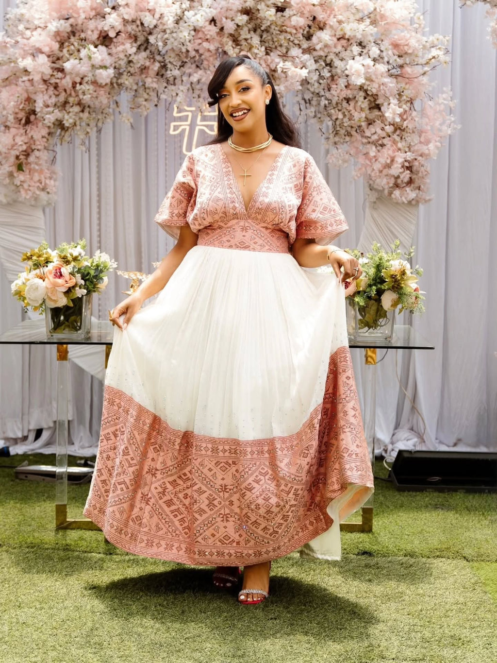ATITEGEB PINK EMBROIDERY HABESHA DRESS | TRADITIONAL ETHIOPIAN HABESHA KEMIS | ELEGANT ETHIOPIAN CLOTHING