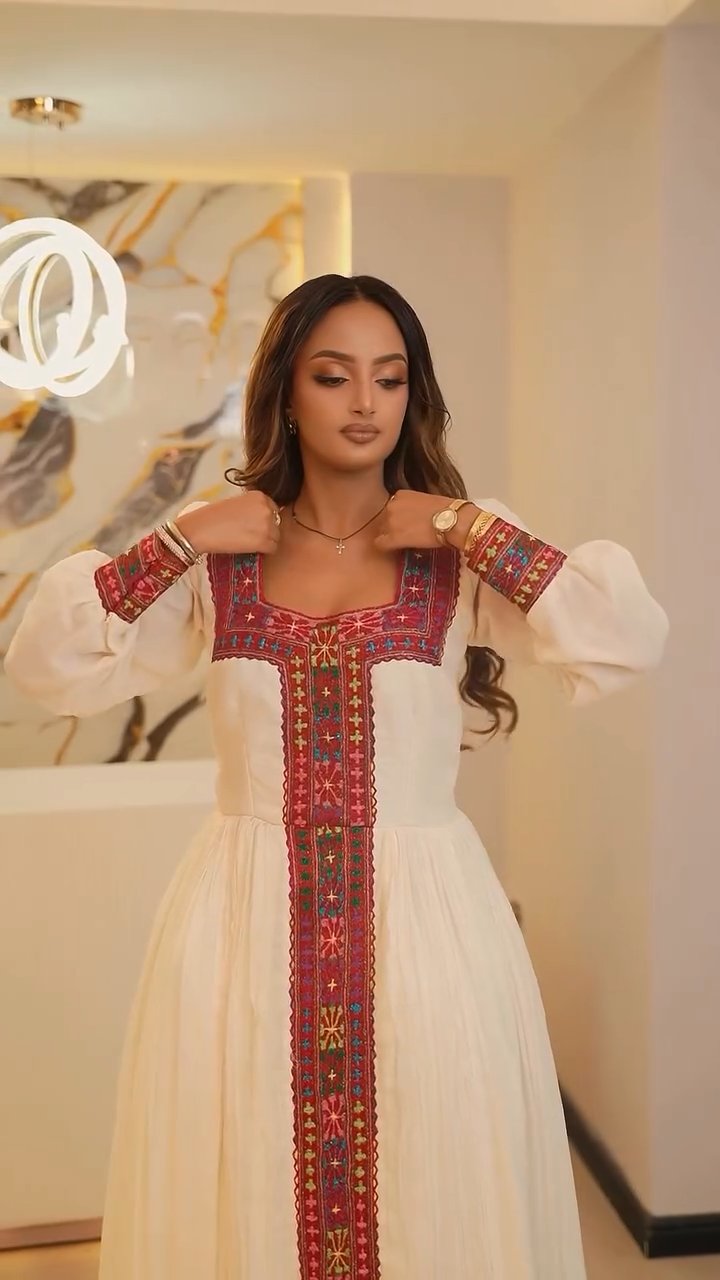 ZEWDY LONG SLEEVE HABESHA KEMIS | TRADITIONAL ETHIOPIAN DRESS FOR WOMEN | RED PATTERN HABESHA DRESS