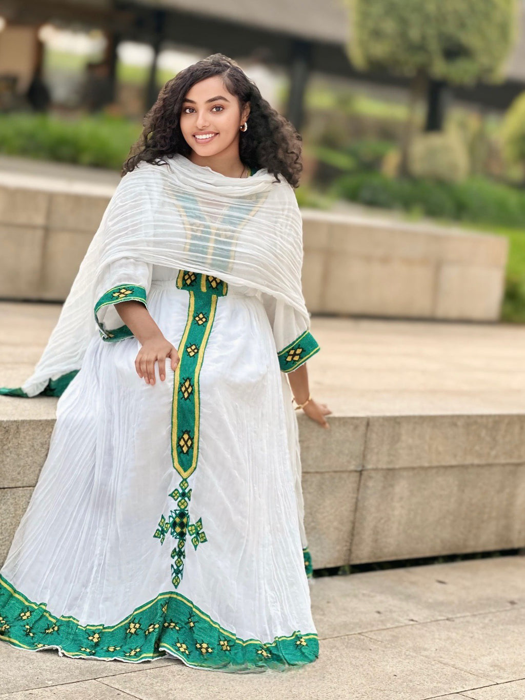 BEAMLAK GREEN EMBROIDERY HABESHA KEMIS | TRADITIONAL ETHIOPIAN CLOTHING | HABESHA DRESS