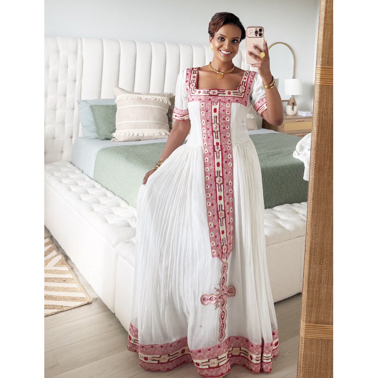 WINTANA TRADITIONAL ETHIOPIAN DRESS | SHORT SLEEVE HABESHA DRESS | PINK EMBROIDERY HABESHA KEMIS