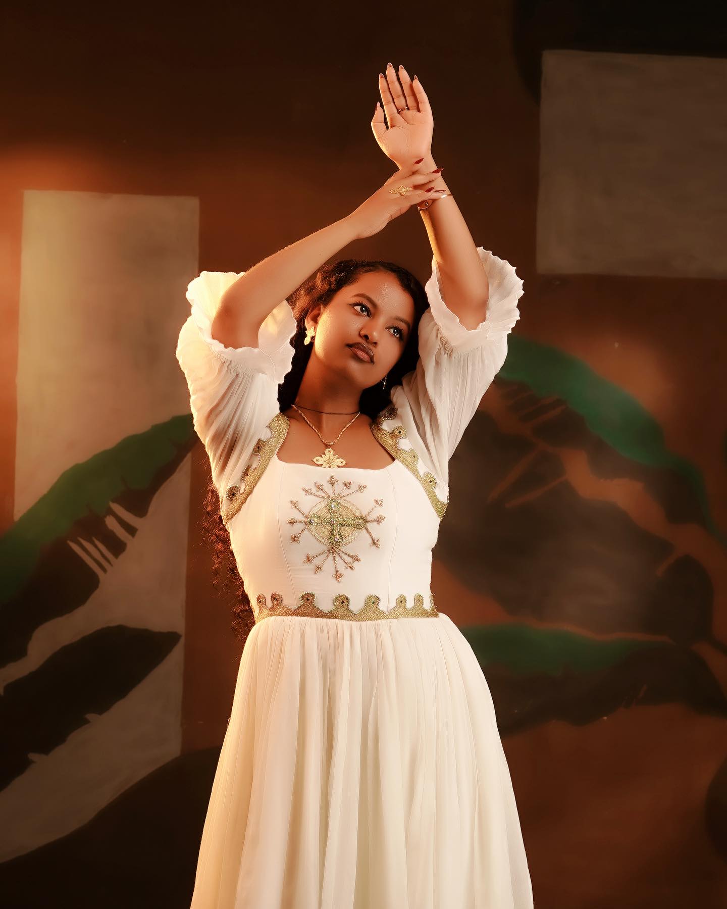 LOMI ETHIOPIAN TRADITIONAL DRESS | AUTHENTIC HABESHA KEMIS | WHITE WITH GOLD DESIGN HABESHA DRESS