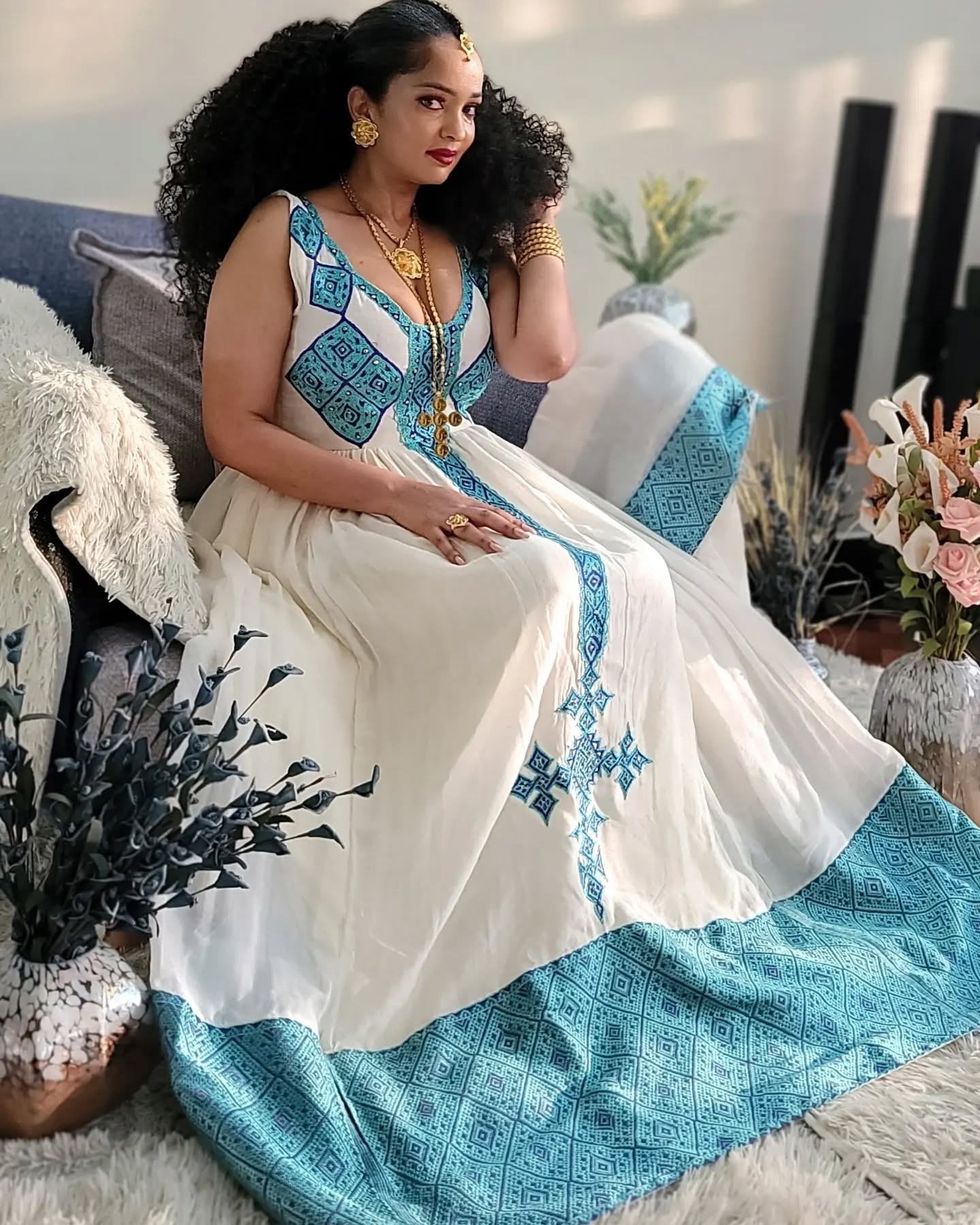 ZERITU SLEEVELESS ETHIOPIAN TRADITIONAL DRESS | CROSS EMBROIDERY HABESHA KEMIS | HABESHA DRESS FOR EVENT