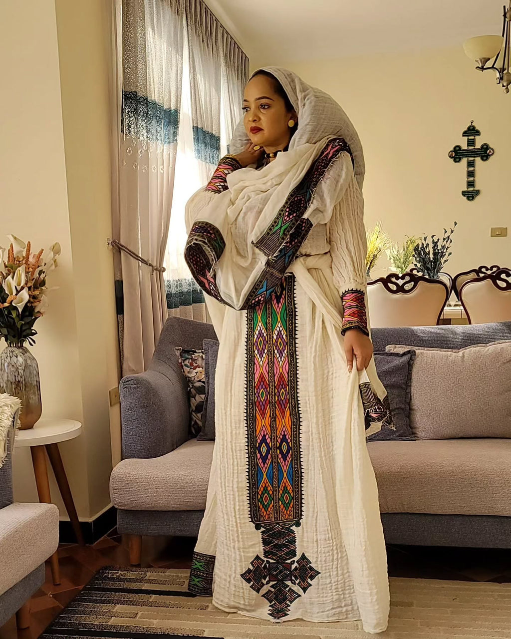 AMEL VIBRANT ETHIOPIAN DRESS | MULTICOLOR EMBROIDERY HABESHA KEMIS | HANDWOVEN HABESHA DRESS